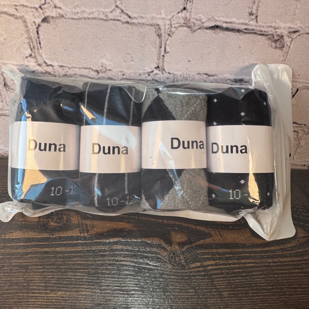 Duna Dress Socks Men Size 10-13 Black Grey NEW 4 Pack Argyle Striped Cotton Mix